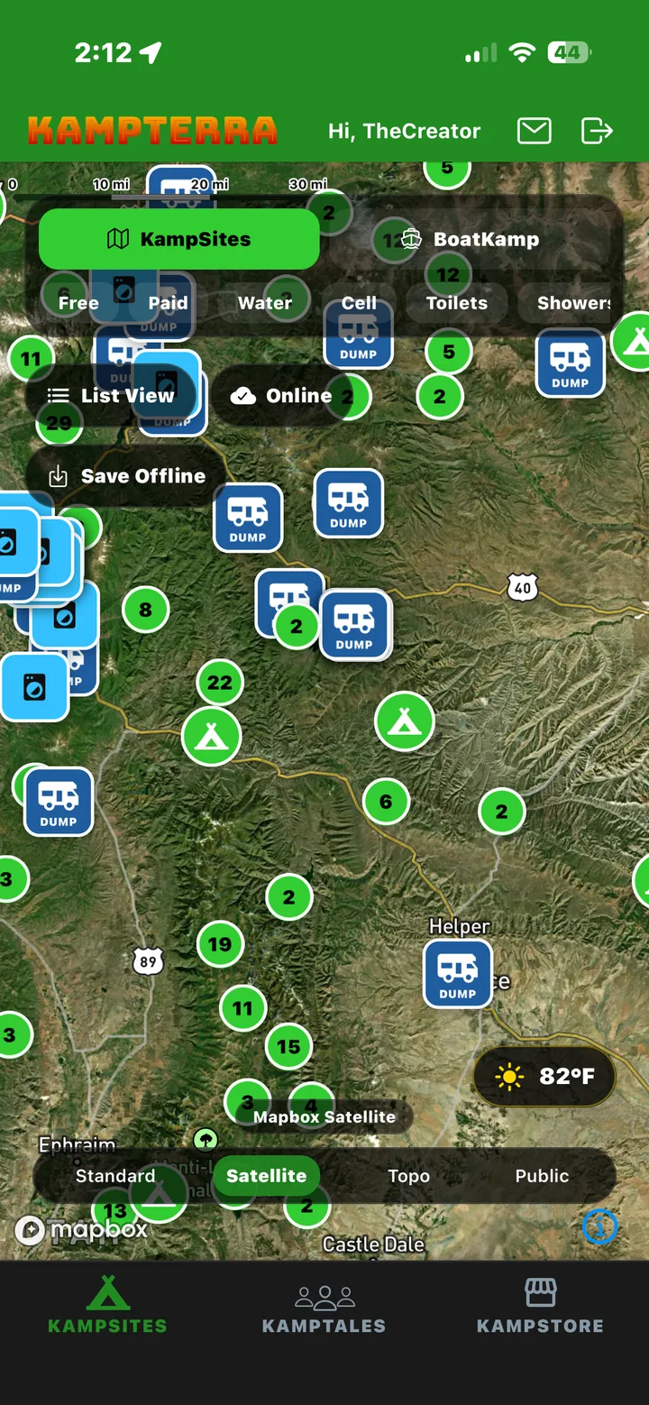 KampTerra map showing campsite clusters, RV dump stations, map filters, and offline controls