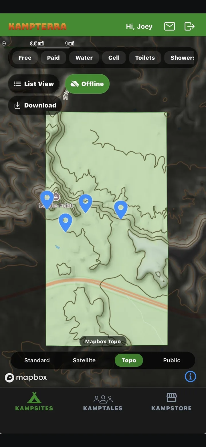 KampTerra topo map with saved offline area and campsite pins